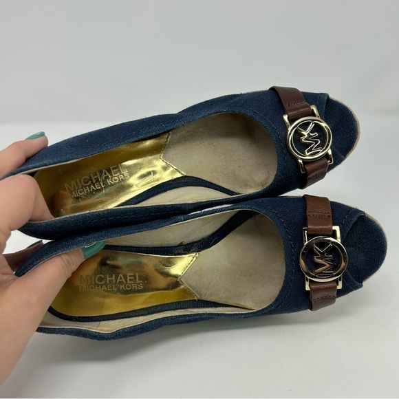 Michael Michael Kors Denim Blue Peep Toe Espadrille Wedges Size 7 - Picture 10 of 13